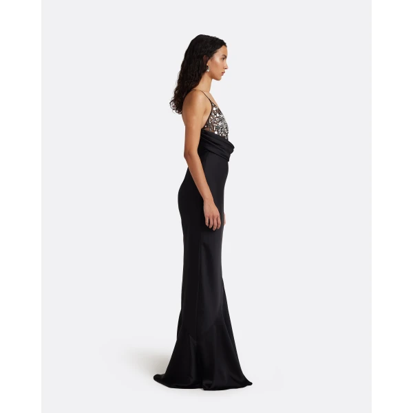 Safiyaa Asia Long Dress in Black with Crystal Embroidery, view 5