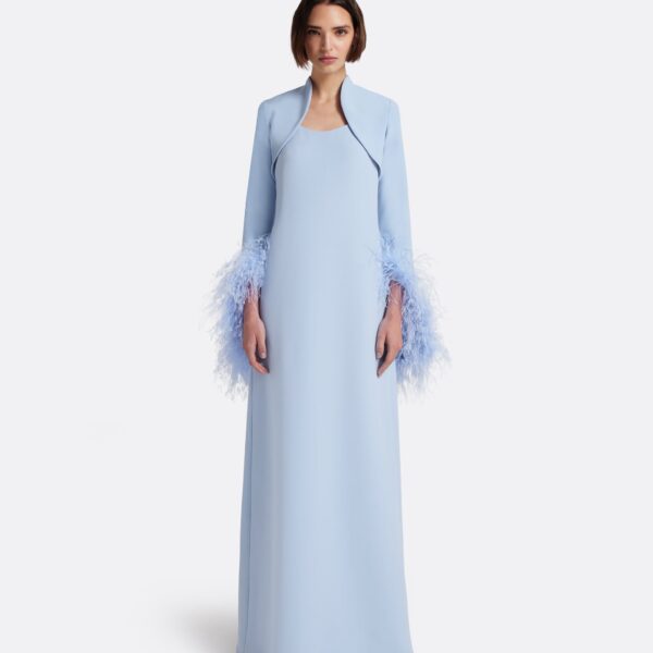 Safiyaa Elise Harness with Maddison Long Dress in Soft Sky with Feathers, view 2
