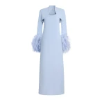 Safiyaa Elise Harness with Maddison Long Dress in Soft Sky with Feathers