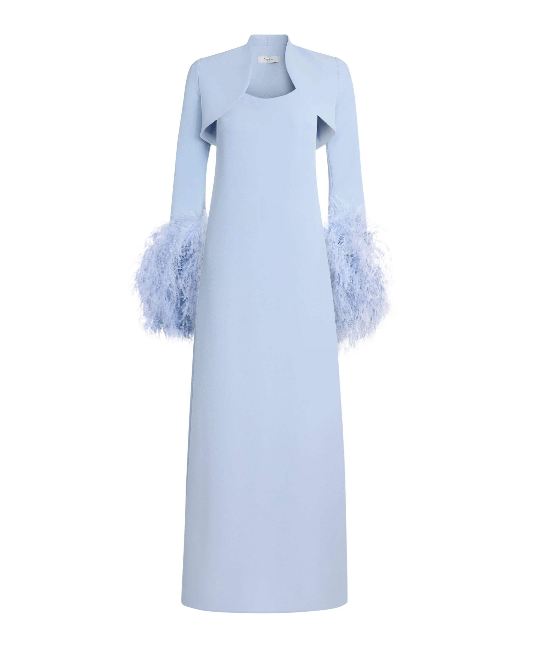 Safiyaa Elise Harness with Maddison Long Dress in Soft Sky with Feathers