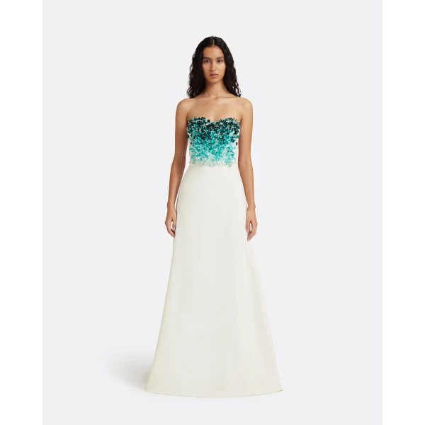Safiyaa Siena Long Dress in Ivory with Blue Embroidery, view 2
