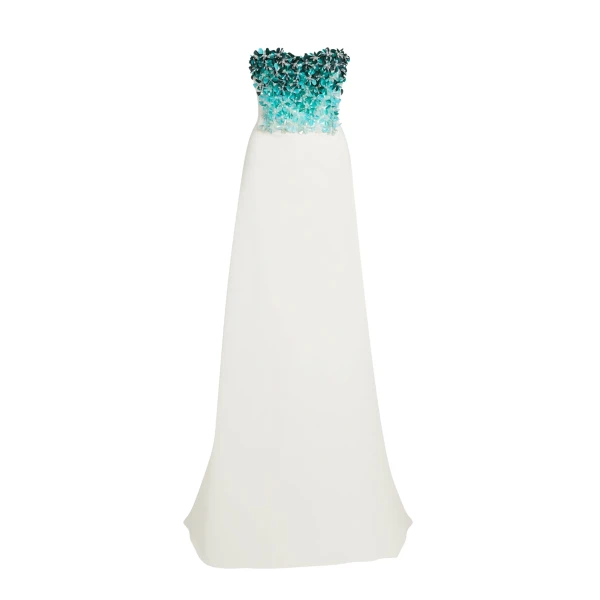Safiyaa Siena Long Dress in Ivory with Blue Embroidery