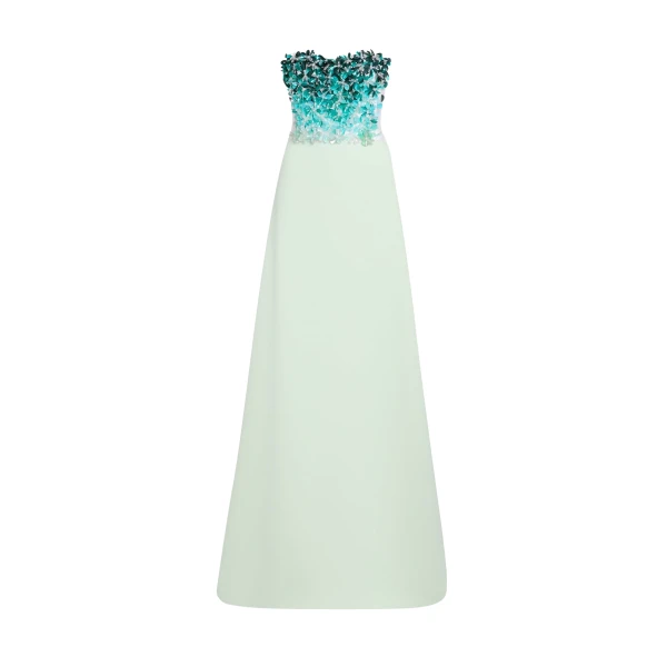 Safiyaa Siena Long Dress in Sea Glass with Blue Embroidery