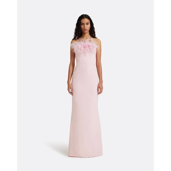 Safiyaa Soshin Long Dress in Lychee with Feathers, view 2