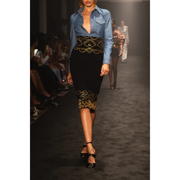 Sergio Hudson Black Embroidered Corset Wool Crepe Pencil Skirt, view 2