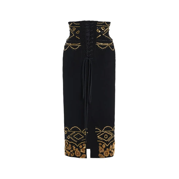 Sergio Hudson Black Embroidered Corset Wool Crepe Pencil Skirt, view 3