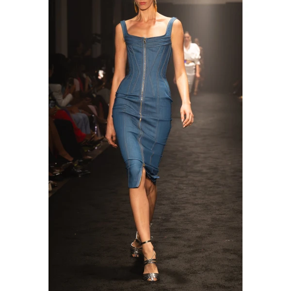 Sergio Hudson Blue Topstich Corset Denim Midi Dress, view 2