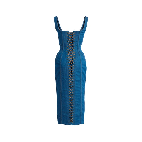Sergio Hudson Blue Topstich Corset Denim Midi Dress, view 3