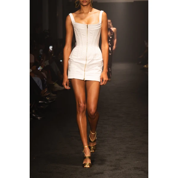 Sergio Hudson White Topstich Corset Denim Mini Dress, view 2
