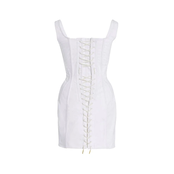 Sergio Hudson White Topstich Corset Denim Mini Dress, view 3