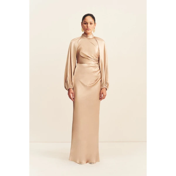 Shona Joy La Lune High Neck Balloon Sleeve Maxi Dress in Gold, view 2