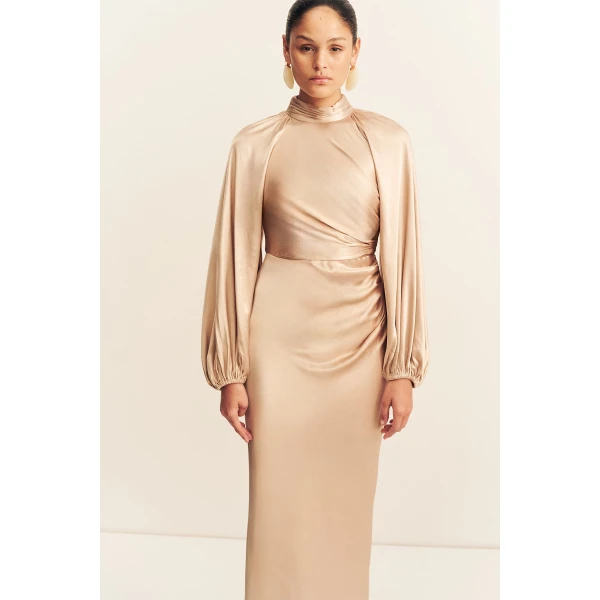 Shona Joy La Lune High Neck Balloon Sleeve Maxi Dress in Gold, view 3