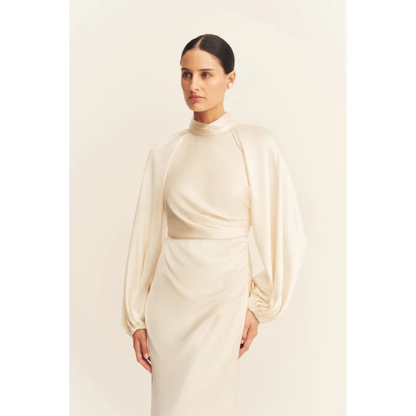 Shona Joy La Lune High Neck Balloon Sleeve Maxi Dress in Cream, view 3