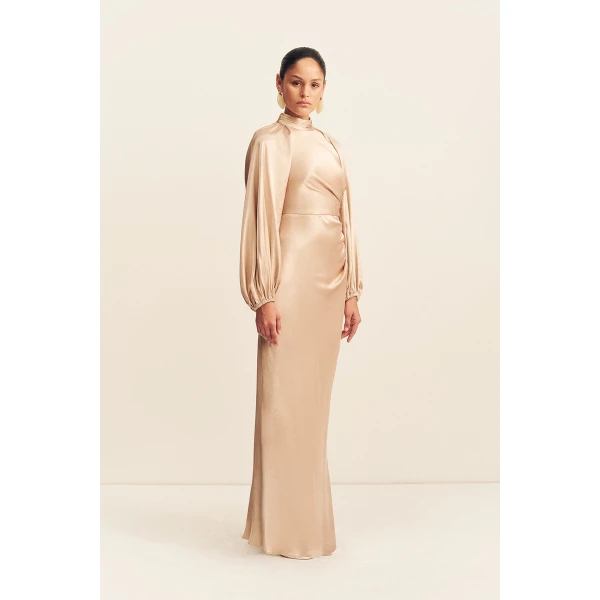 Shona Joy La Lune High Neck Balloon Sleeve Maxi Dress in Gold, view 4
