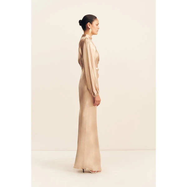 Shona Joy La Lune High Neck Balloon Sleeve Maxi Dress in Gold, view 5
