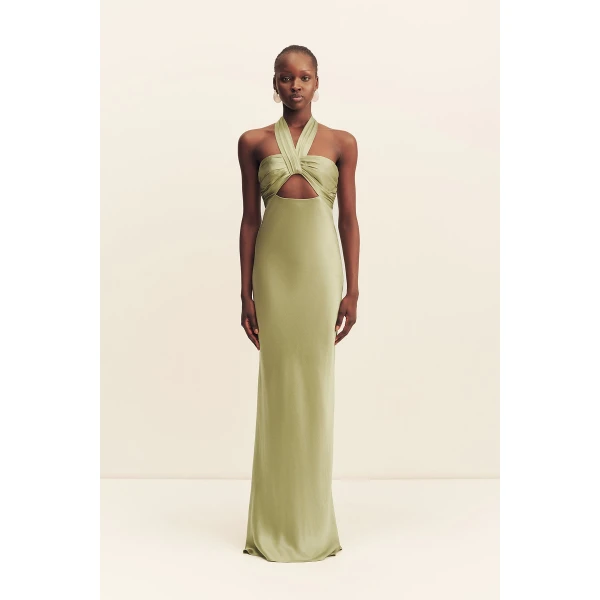 Shona Joy La Lune Ruched Halter Maxi Dress in Fern, view 2