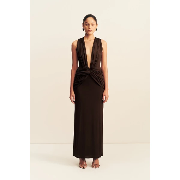 Shona Joy Miro Slinky Jersey Plunged Maxi Dress in Ristretto, view 2