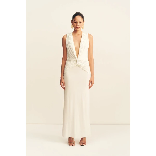 Shona Joy Miro Slinky Jersey Plunged Maxi Dress in Ivory, view 2