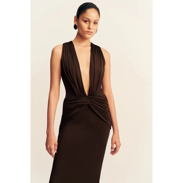 Shona Joy Miro Slinky Jersey Plunged Maxi Dress in Ristretto, view 3
