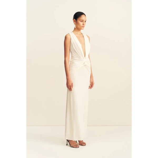 Shona Joy Miro Slinky Jersey Plunged Maxi Dress in Ivory, view 3