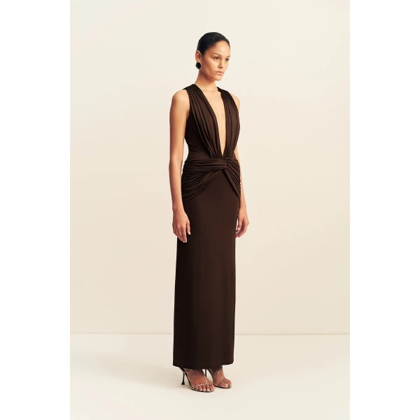 Shona Joy Miro Slinky Jersey Plunged Maxi Dress in Ristretto, view 4