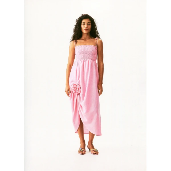 The Sleeper Atlanta Linen Strap Dress with Rose in Pink, view 6