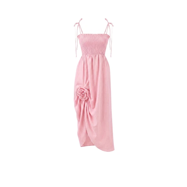 The Sleeper Atlanta Linen Strap Dress with Rose in Pink