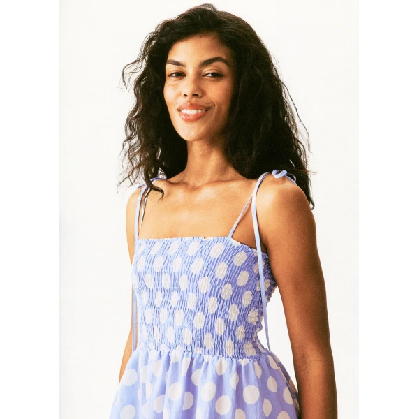 The Sleeper Atlanta Strap Dress with Rose in White on blue polka dot, view 2