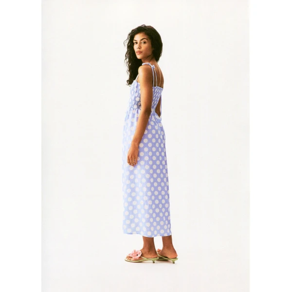 The Sleeper Atlanta Strap Dress with Rose in White on blue polka dot, view 3