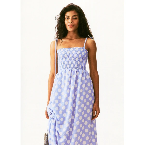 The Sleeper Atlanta Strap Dress with Rose in White on blue polka dot, view 4