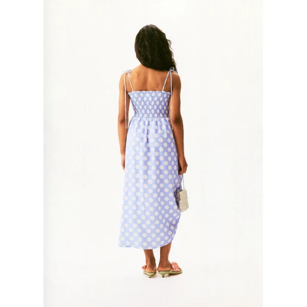 The Sleeper Atlanta Strap Dress with Rose in White on blue polka dot, view 5