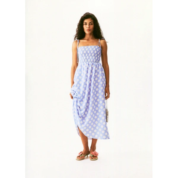 The Sleeper Atlanta Strap Dress with Rose in White on blue polka dot, view 6