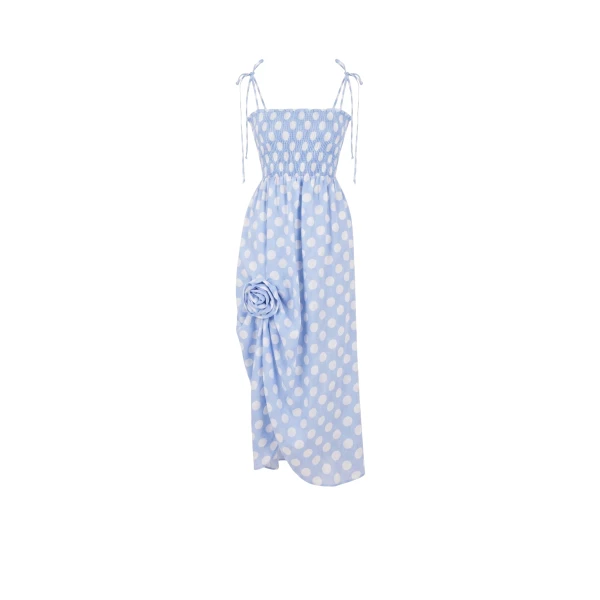 The Sleeper Atlanta Strap Dress with Rose in White on blue polka dot