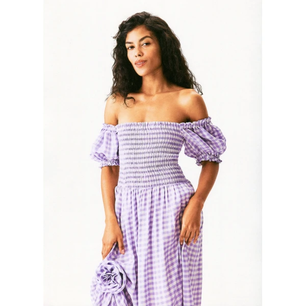 The Sleeper Belle Linen Dress with Rose in Lavender vichy, view 2