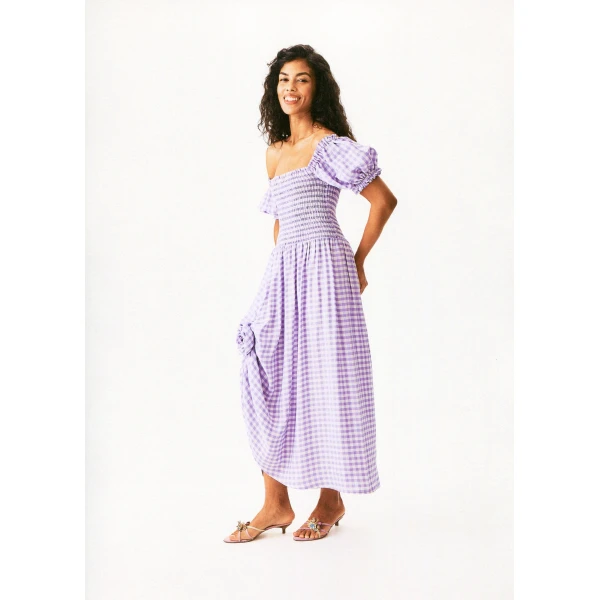 The Sleeper Belle Linen Dress with Rose in Lavender vichy, view 3