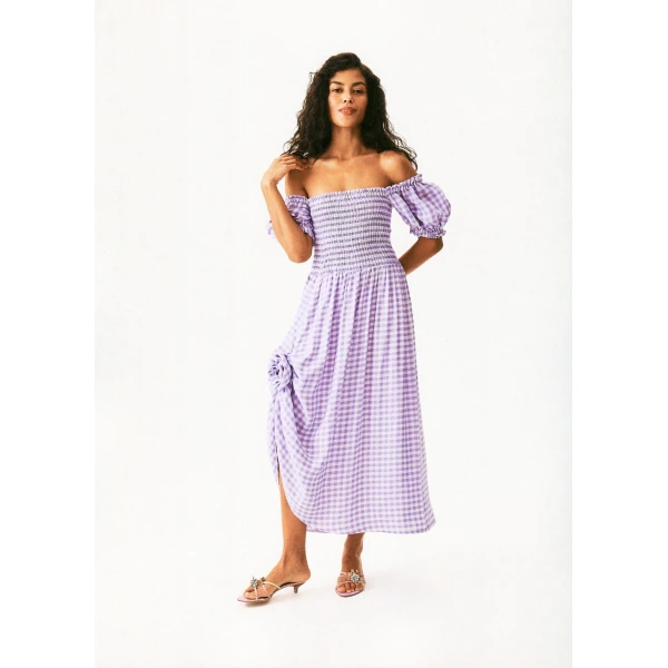 The Sleeper Belle Linen Dress with Rose in Lavender vichy, view 4