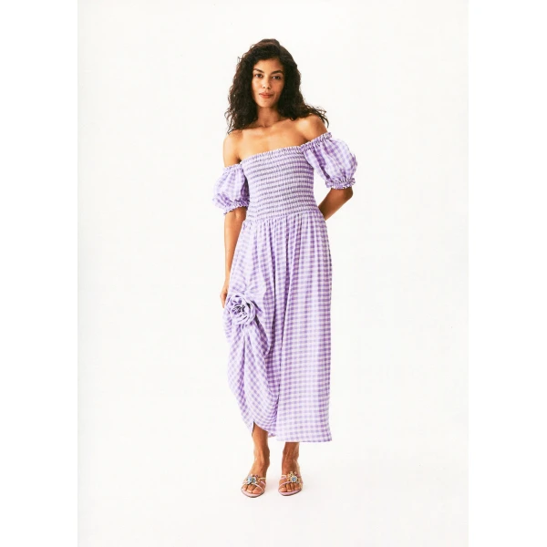 The Sleeper Belle Linen Dress with Rose in Lavender vichy, view 6