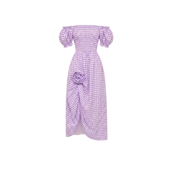 The Sleeper Belle Linen Dress with Rose in Lavender vichy