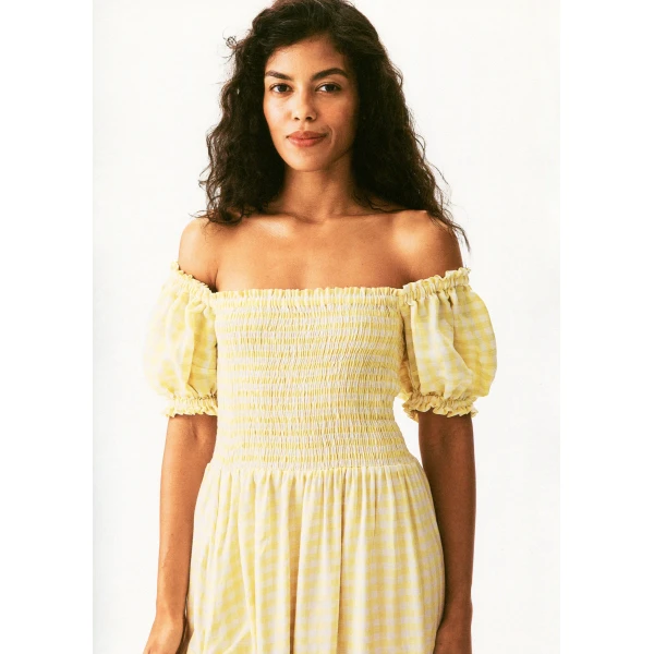 The Sleeper Belle Linen Dress with Rose in Yellow vichy, view 2