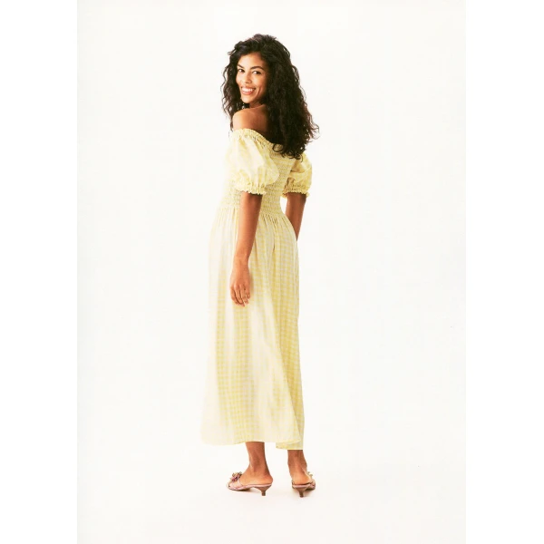The Sleeper Belle Linen Dress with Rose in Yellow vichy, view 3