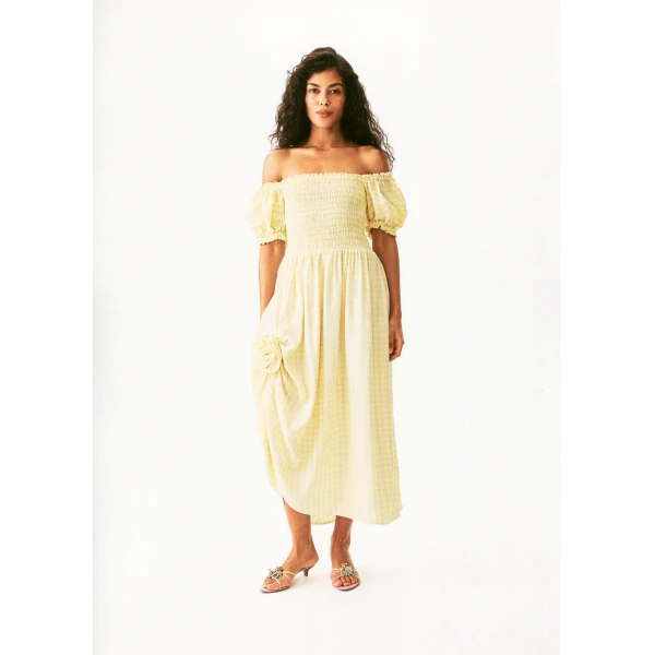 The Sleeper Belle Linen Dress with Rose in Yellow vichy, view 4