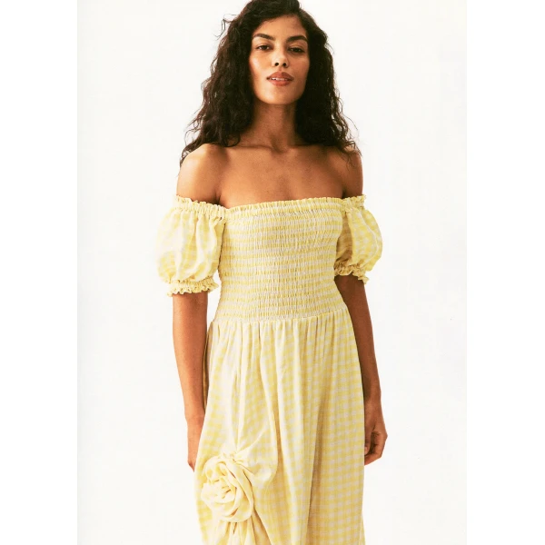The Sleeper Belle Linen Dress with Rose in Yellow vichy, view 5
