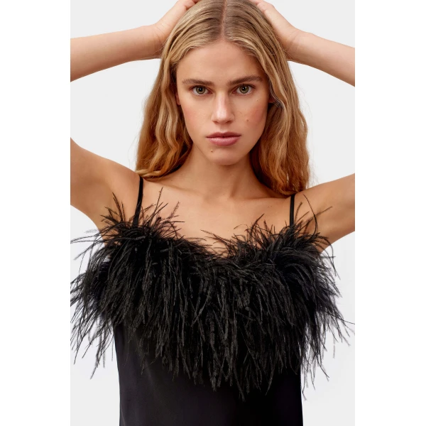 The Sleeper Boheme Mini Slip Dress with Feathers in Black, view 5
