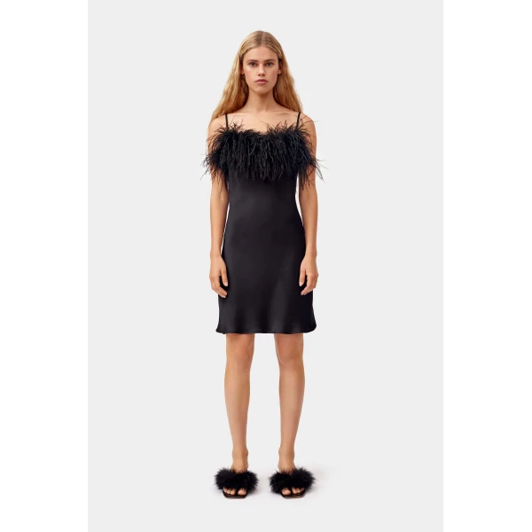 The Sleeper Boheme Mini Slip Dress with Feathers in Black, view 6