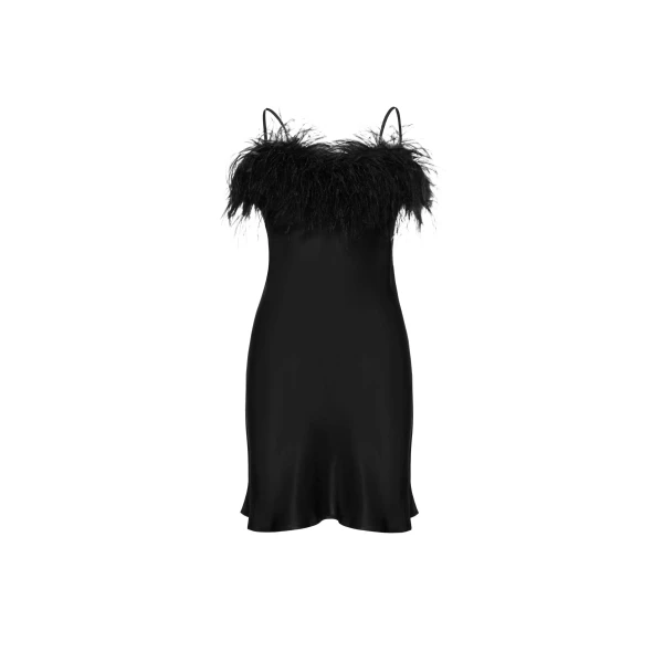 The Sleeper Boheme Mini Slip Dress with Feathers in Black