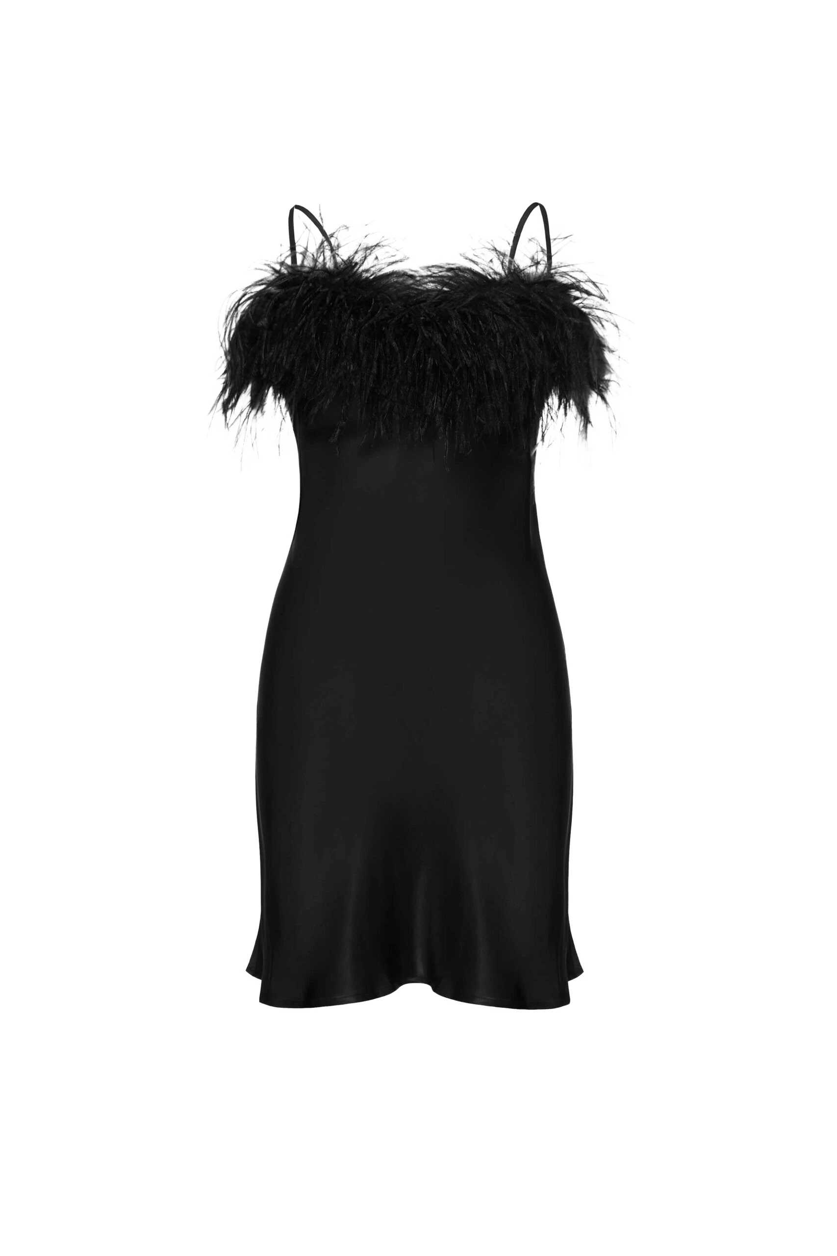 Boheme Mini Slip Dress with Feathers in Black