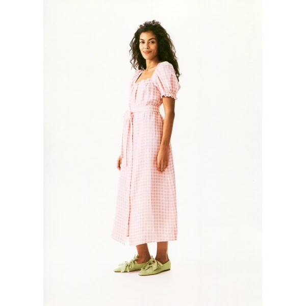 The Sleeper Brigitte Linen Midi Dress in Pink vichy, view 2