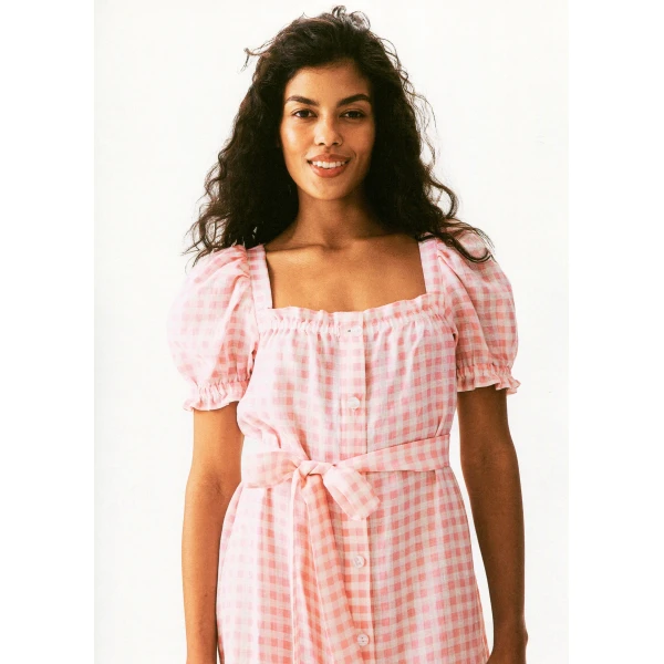 The Sleeper Brigitte Linen Midi Dress in Pink vichy, view 3