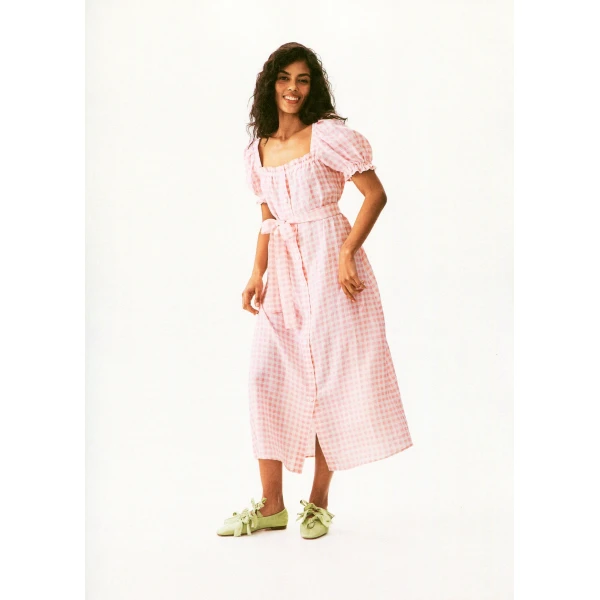The Sleeper Brigitte Linen Midi Dress in Pink vichy, view 4