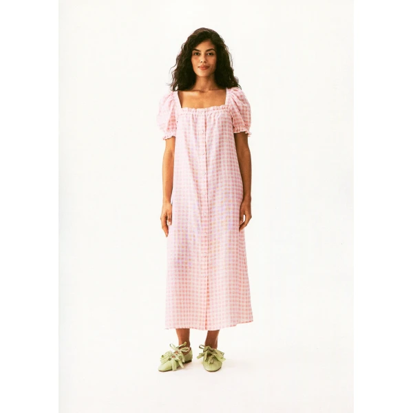 The Sleeper Brigitte Linen Midi Dress in Pink vichy, view 5